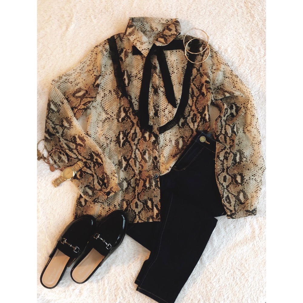 Printed, button down, tie neck blouse